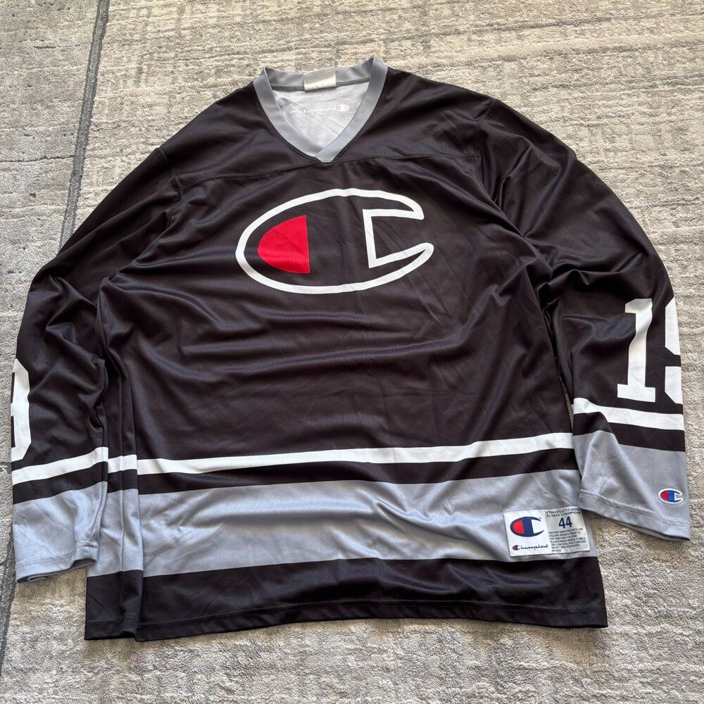 Vintage Champion Hockey Jersey Mens 44 Large Big C Logo #19 Black Mesh
